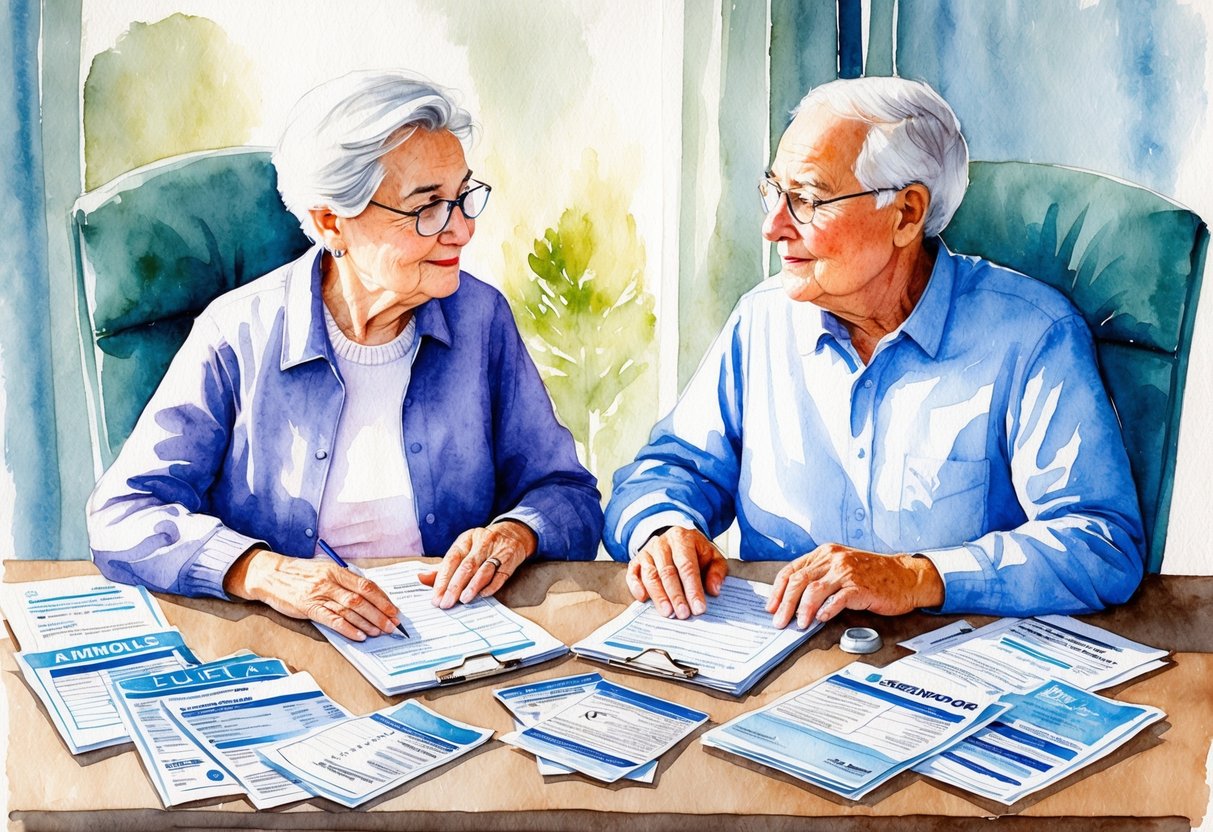 A serene elderly couple sits at a table, surrounded by financial documents and healthcare brochures. They are engaged in deep conversation, with a sense of determination and planning for their future
