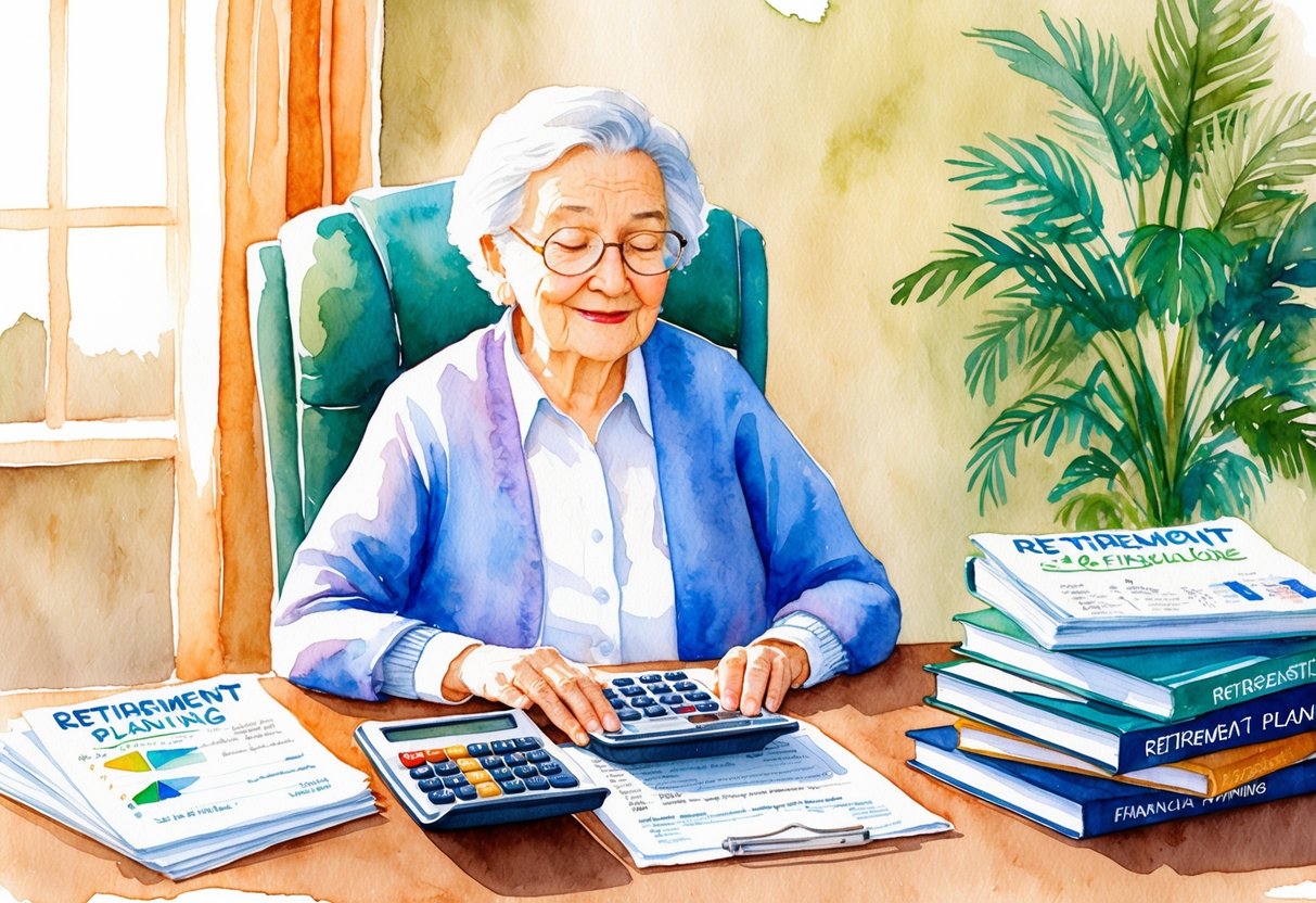 A serene, elderly person sitting at a desk with a calculator and financial documents, surrounded by books on retirement planning