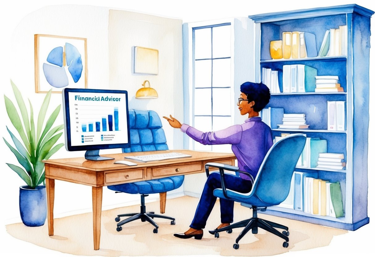 A cozy office with a desk, chair, and bookshelf. A financial advisor gestures towards a retirement savings chart on a computer screen