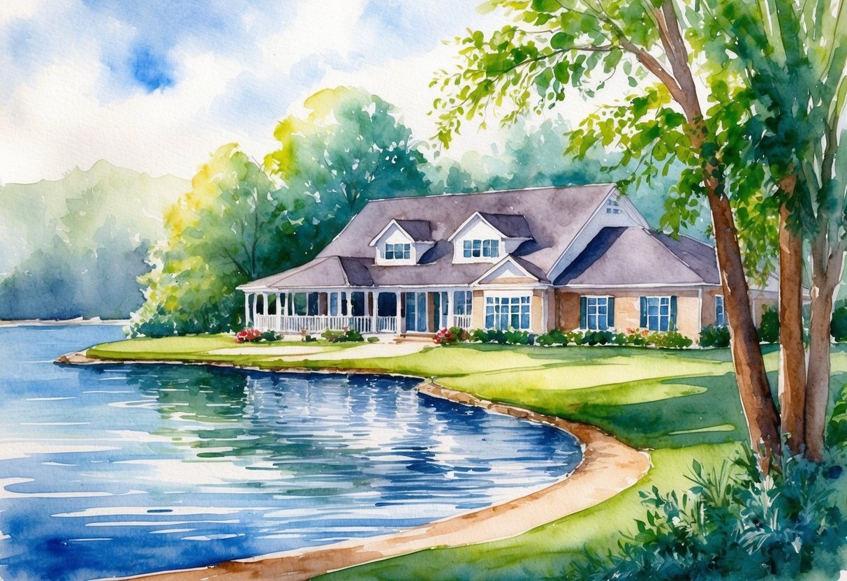 A serene lakeside with a comfortable retirement home, surrounded by lush greenery and a peaceful atmosphere