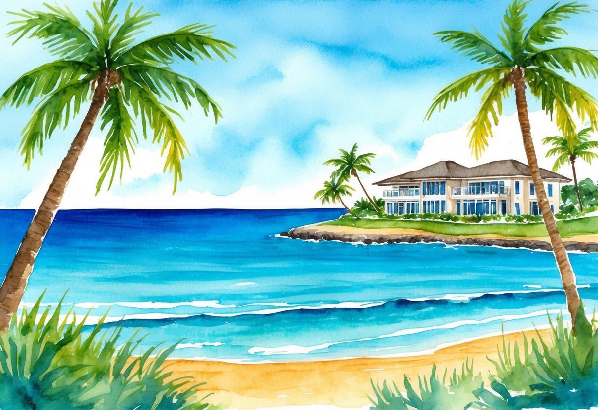 A sunny beachfront property in Kihei, HI with palm trees, a clear blue ocean, and a luxury villa overlooking the water
