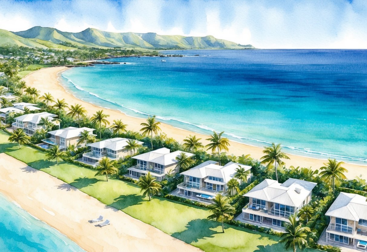Aerial view of luxury beachfront properties in Kohala Coast, HI, with palm trees, white sand beaches, and clear turquoise waters