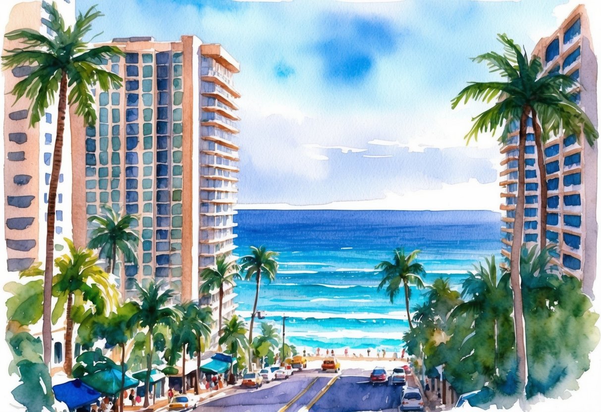 A bustling Waikiki street with high-rise buildings and palm trees, overlooking the ocean
