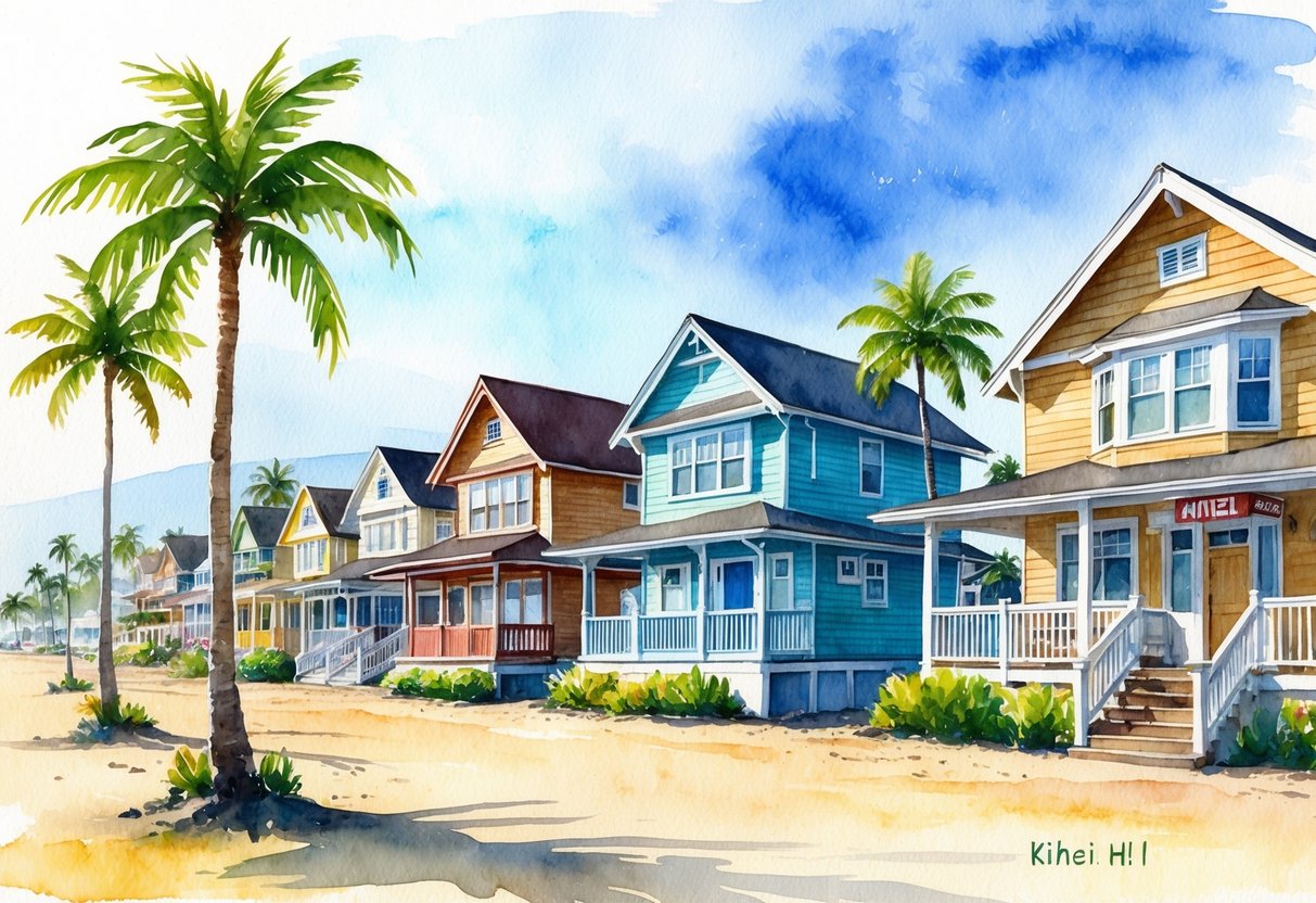 A sunny beachfront with palm trees, a row of colorful beach houses, and a bustling real estate office in Kihei, HI