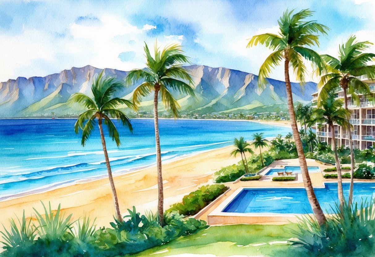 A serene beachfront with palm trees, luxury resorts, and crystal-clear waters, overlooking the majestic Kohala Coast in Hawaii