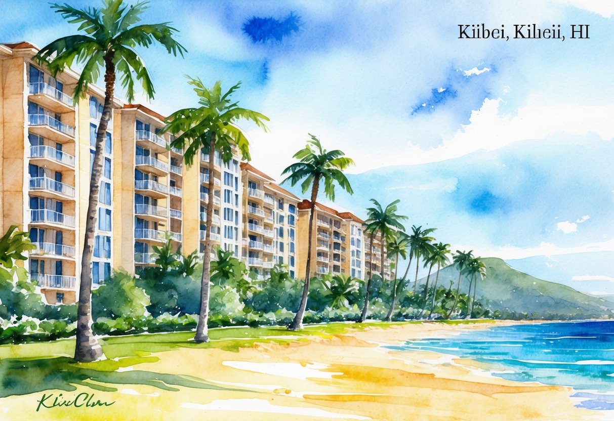 A sunny beachfront in Kihei, HI with a row of luxury condos, palm trees, and a clear view of the ocean