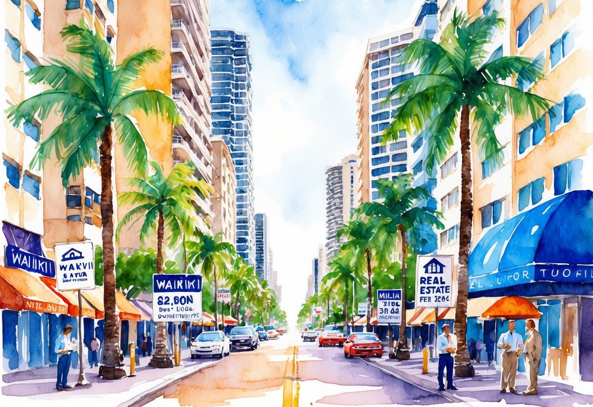 A bustling Waikiki street lined with high-rise buildings and palm trees, with real estate signs and investors discussing opportunities