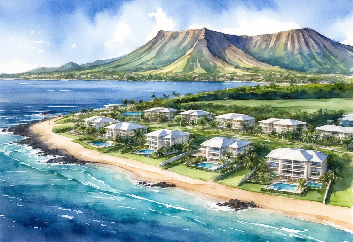 Aerial view of Kohala Coast, HI with luxury beachfront villas and lush resort properties nestled between the ocean and volcanic landscape