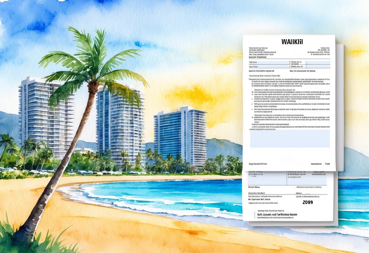 A sunny Waikiki beach with high-rise buildings and palm trees, alongside a legal and tax document and a real estate property