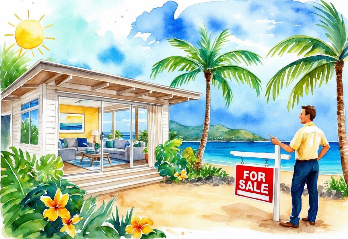 A sunny beachfront property in Kihei, HI with a "For Sale" sign and a real estate agent showing the interior to potential buyers