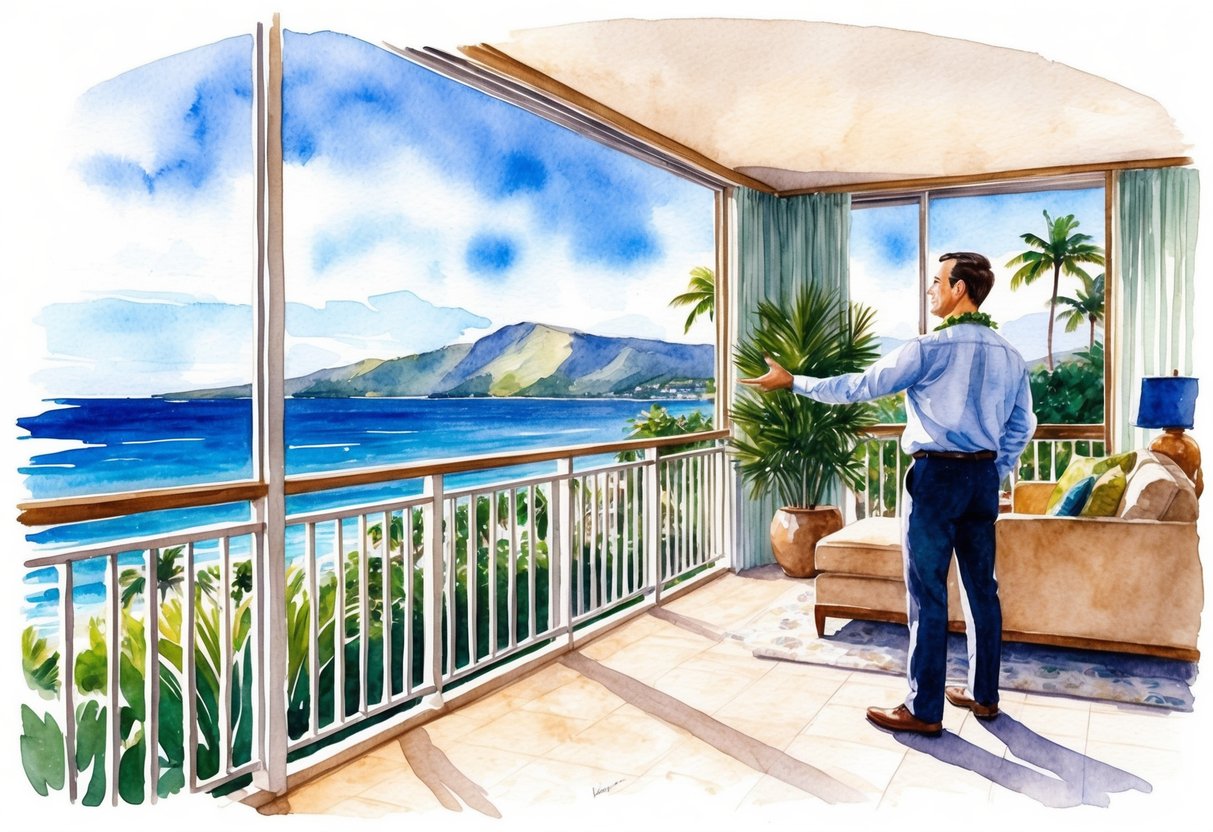 A real estate agent showing a luxurious property to a potential buyer in Kohala Coast, Hawaii. The agent gestures towards the stunning ocean view from the balcony