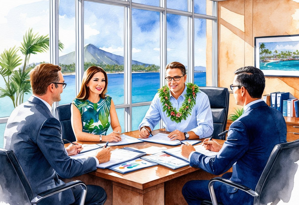 A real estate investor meeting with professionals in a Waikiki office, discussing property investments and contracts