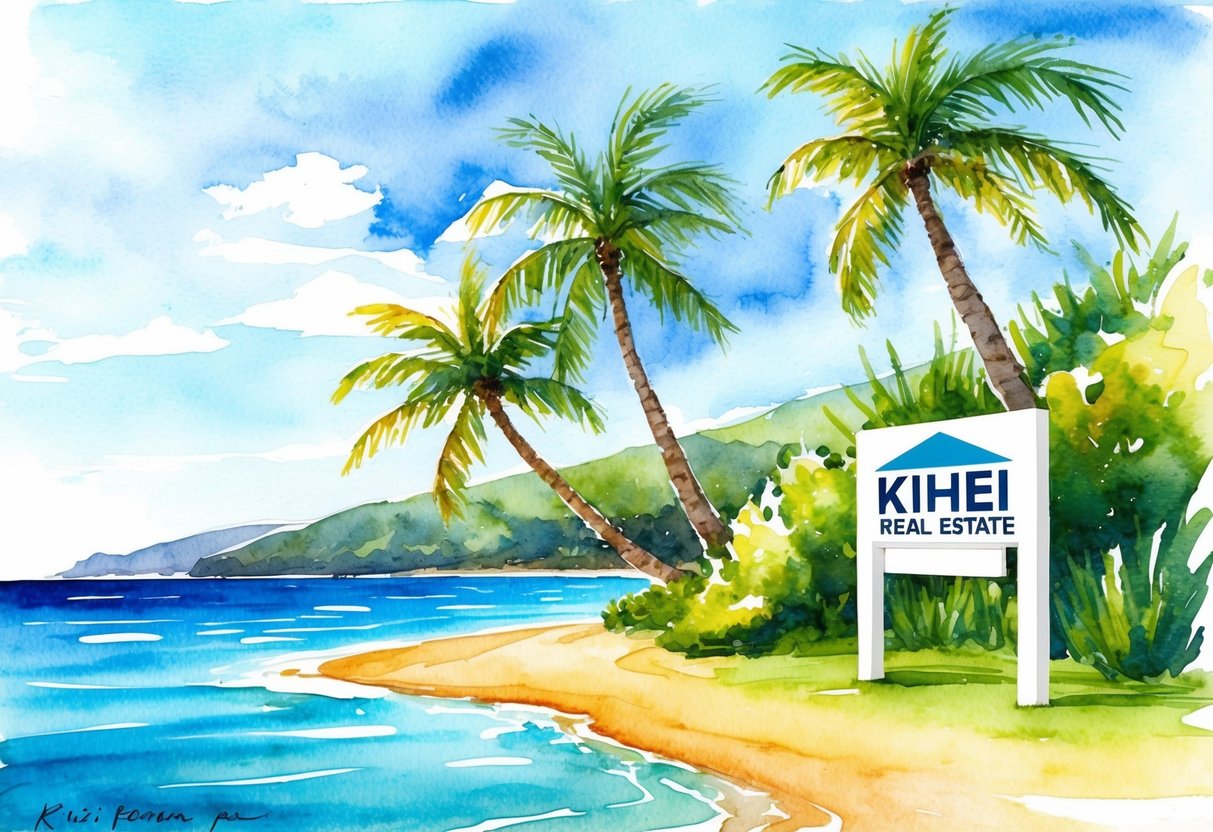 A sunny beachfront property in Kihei, HI with palm trees, a clear blue ocean, and a modern real estate sign