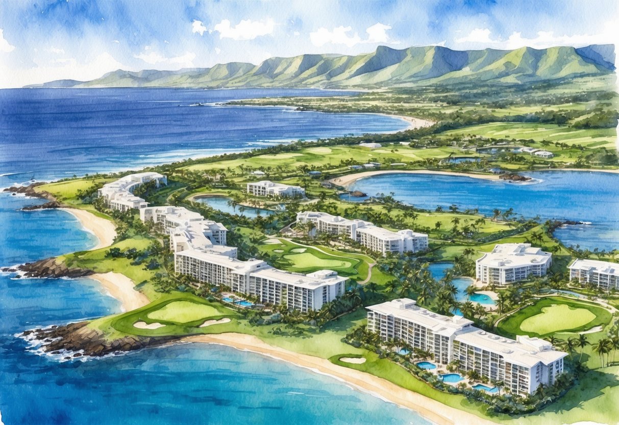 Aerial view of Kohala Coast, HI with luxury resorts, golf courses, and oceanfront properties. Clear blue waters and lush green landscapes