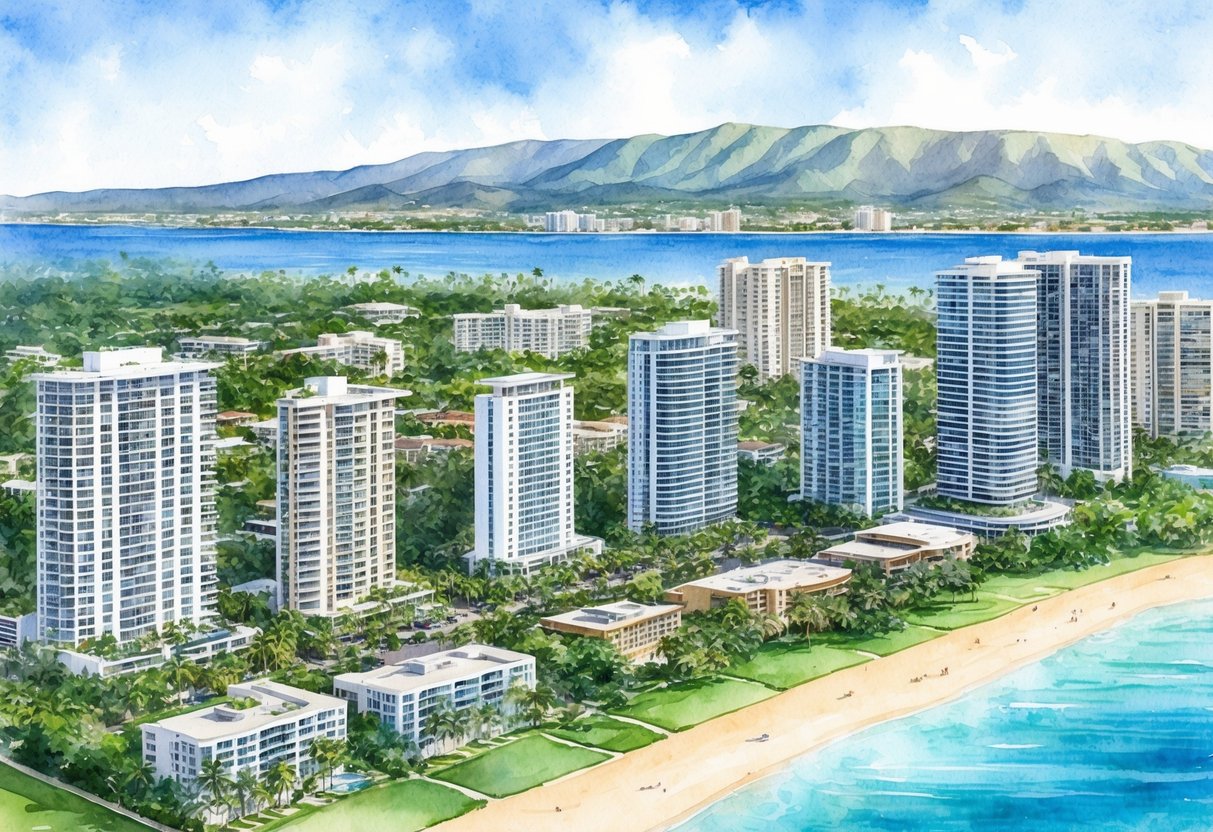 Aerial view of Waikiki, HI with high-rise buildings, beachfront properties, and lush greenery for long-term investment real estate planning