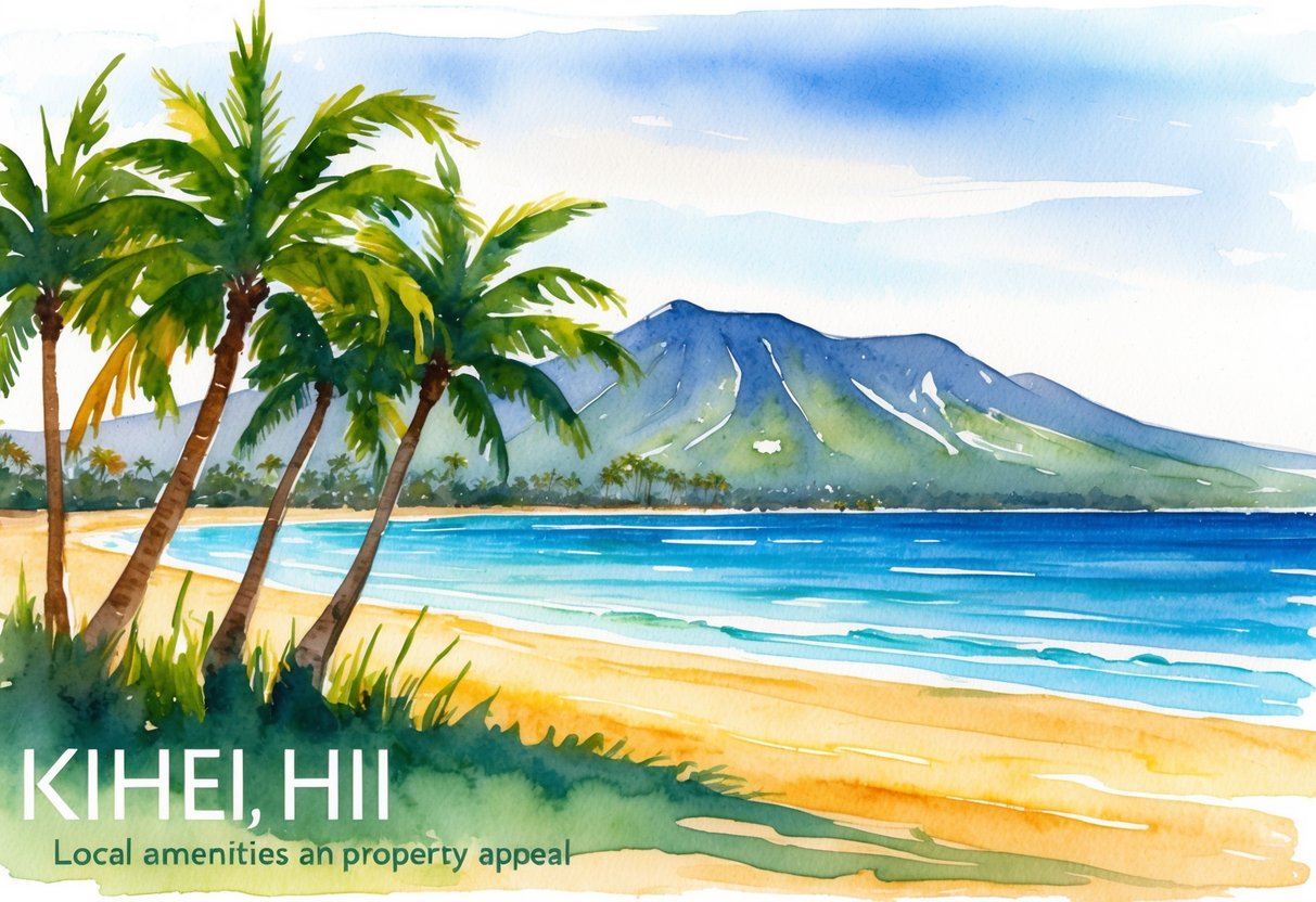 A sunny beach with palm trees and a backdrop of mountains, showcasing the local amenities and property appeal in Kihei, HI