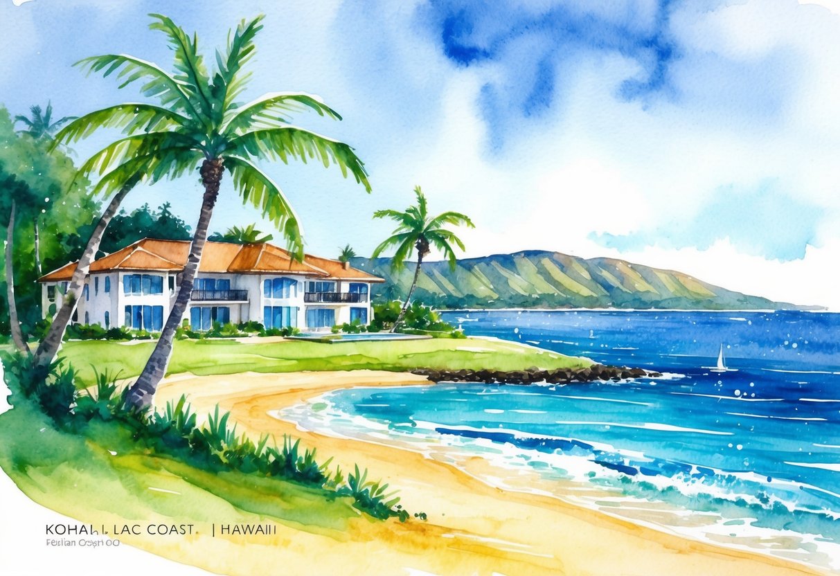 A beachfront property in Kohala Coast, Hawaii, with a luxury villa, palm trees, and a sparkling ocean view