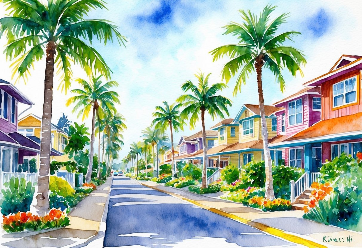 A sunny street lined with palm trees, colorful homes, and lush gardens in Kihei, HI