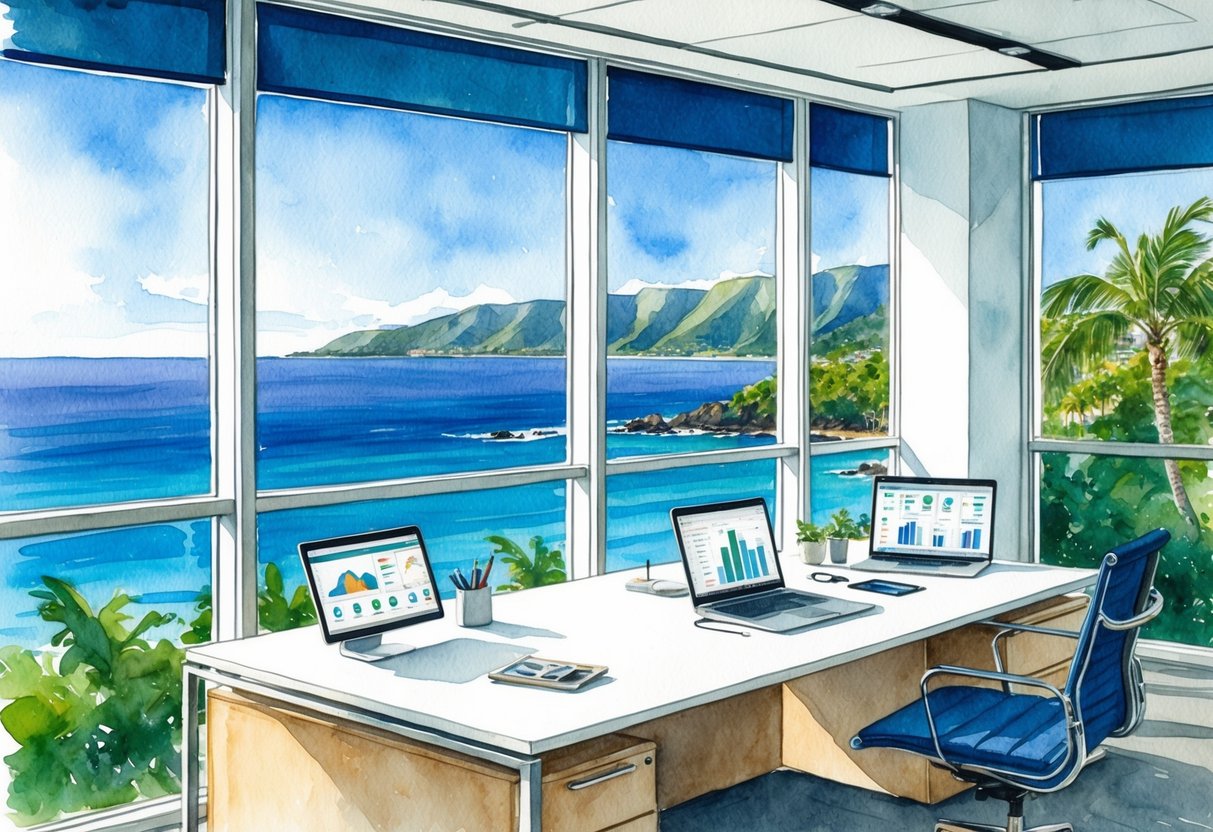 A modern, sleek office space overlooking the Kohala Coast in Hawaii, with large windows showcasing the ocean view and high-tech real estate tools on the desk