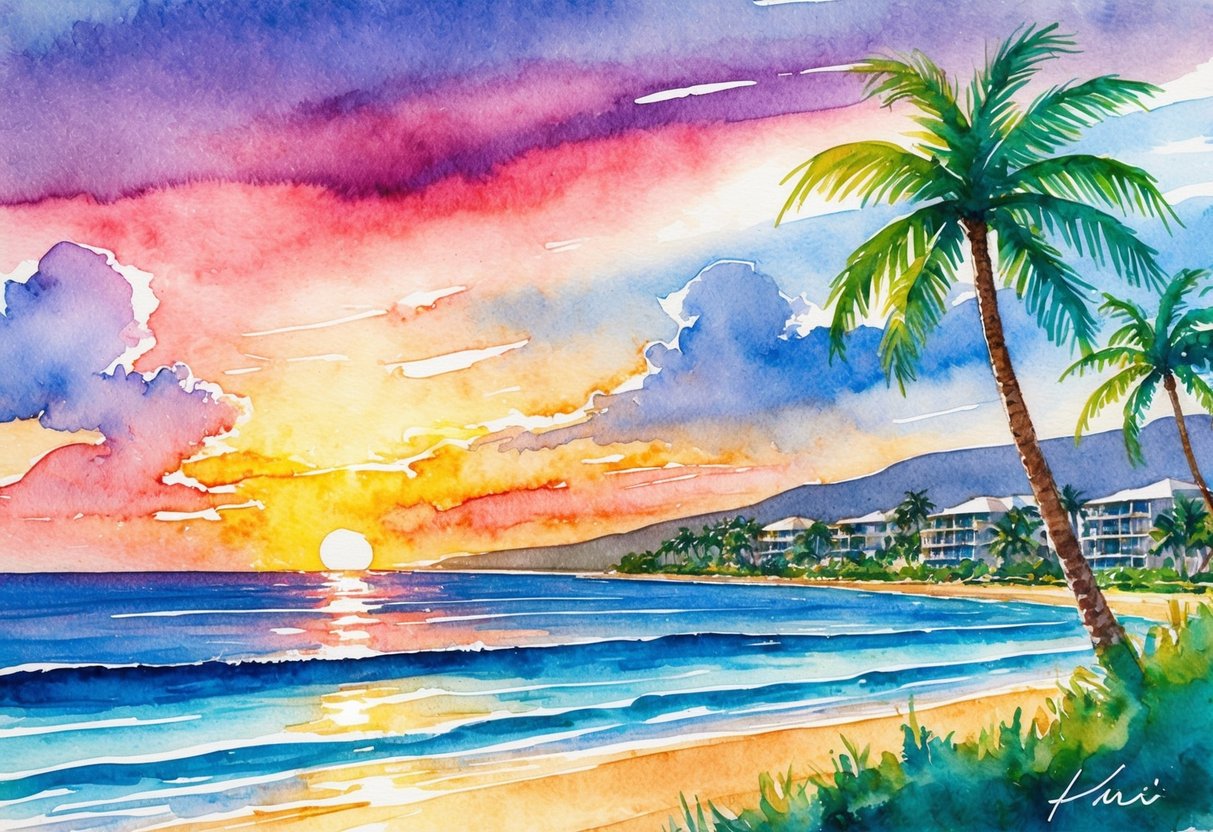 A vibrant sunset over the ocean in Kihei, HI, with palm trees and luxury beachfront properties lining the shore