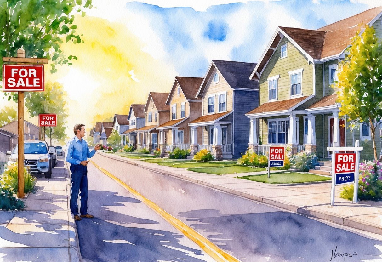 A sunny street in Nampa, ID, lined with cozy houses and "For Sale" signs, with a real estate agent chatting with a potential buyer
