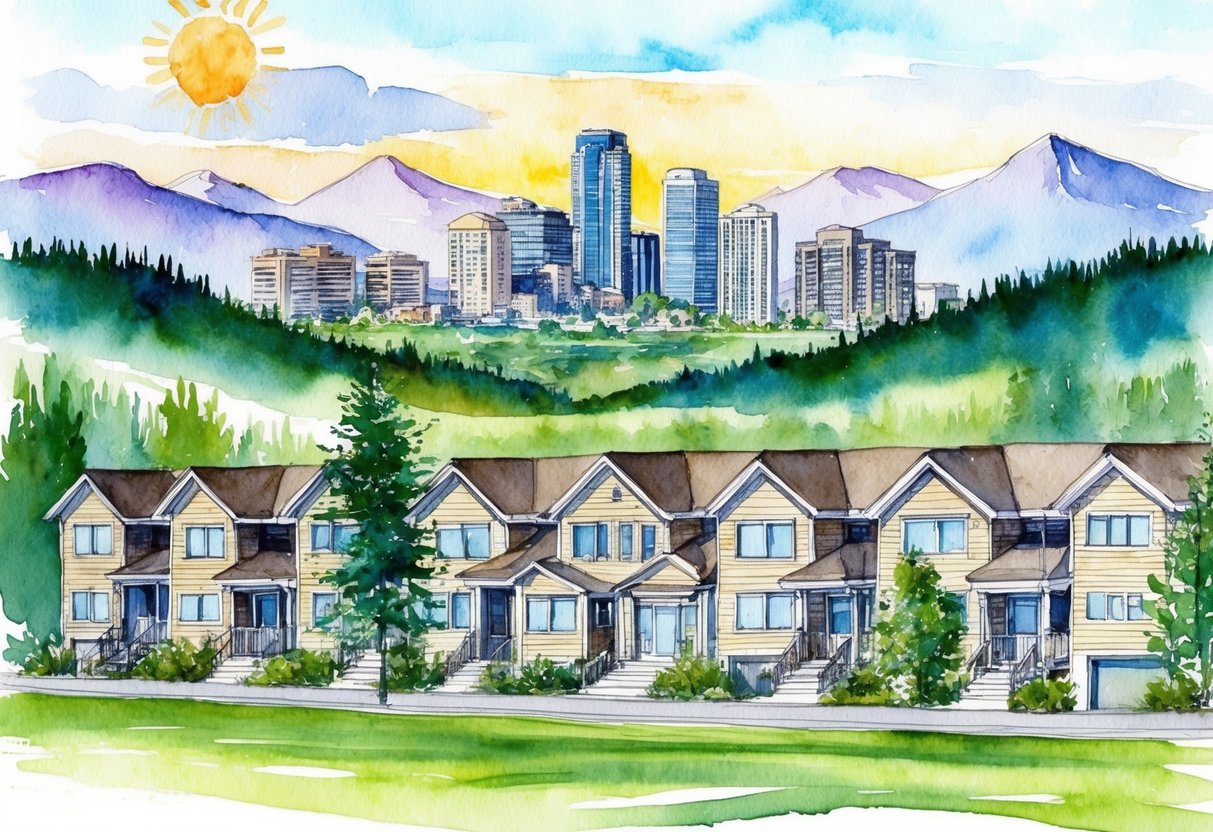 A sunny day in Boise, Idaho, with a row of residential houses and a downtown skyline in the background, surrounded by mountains and greenery