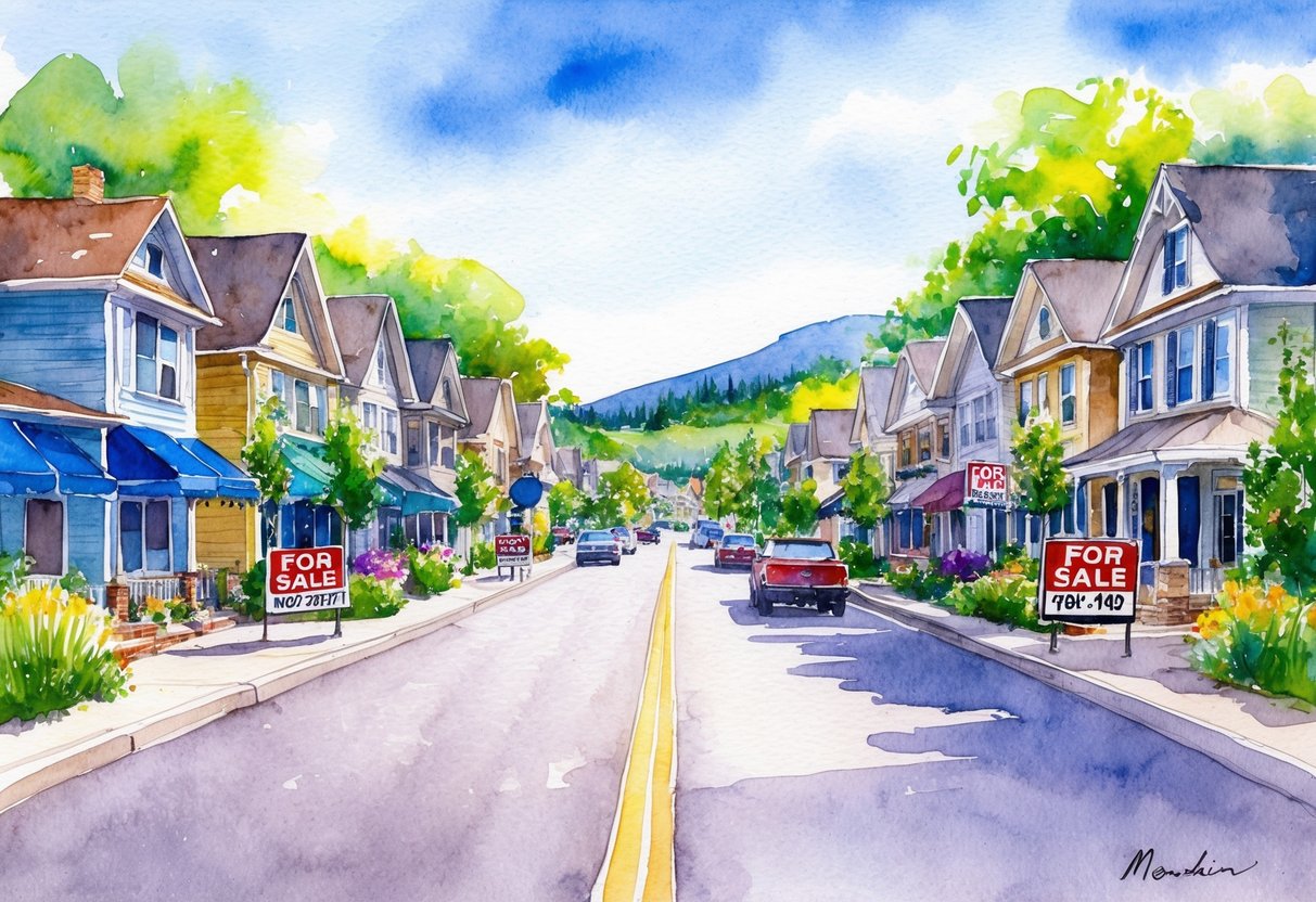 A bustling street in Meridian, Idaho with rows of charming houses and "For Sale" signs, surrounded by vibrant greenery and a clear blue sky