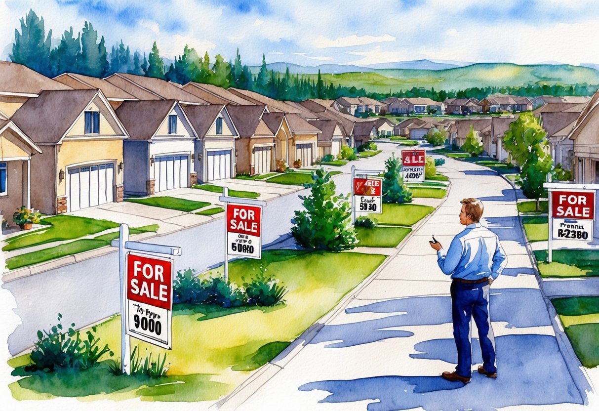 A suburban neighborhood in Nampa, Idaho, with rows of houses and "For Sale" signs. A real estate agent discusses investment strategies with potential buyers