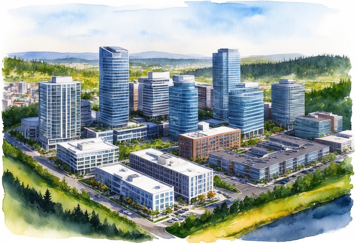 A bustling cityscape with modern office buildings and residential complexes, surrounded by scenic natural landscapes and thriving local businesses