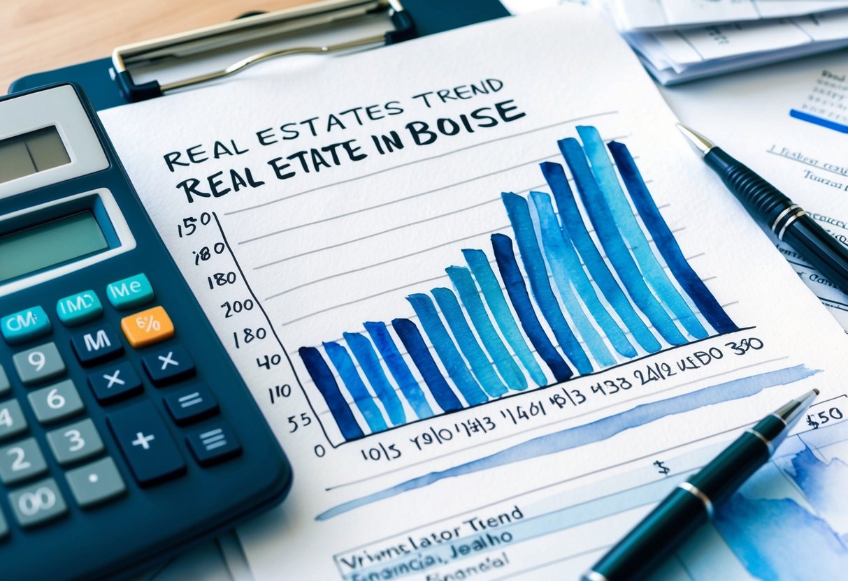 A graph showing an upward trend in real estate prices in Boise, Idaho. A calculator and financial documents are scattered on a desk
