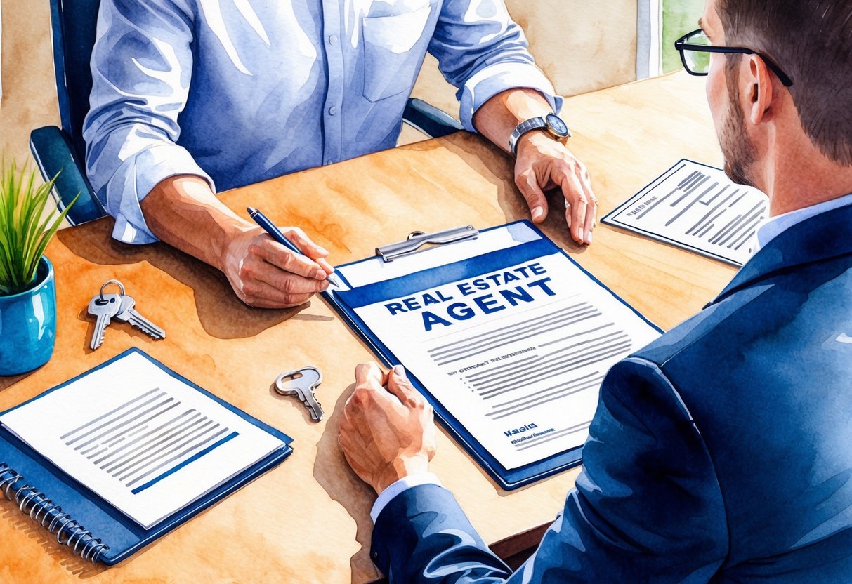 A real estate agent guiding a client through the purchase process in Nampa, ID, with paperwork, keys, and a contract on a desk