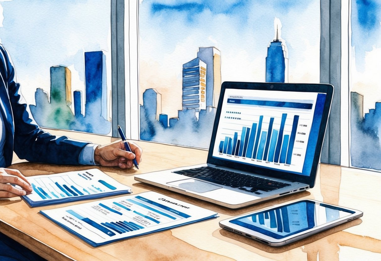 A modern office desk with a laptop, financial documents, and a pen. A city skyline visible through the window