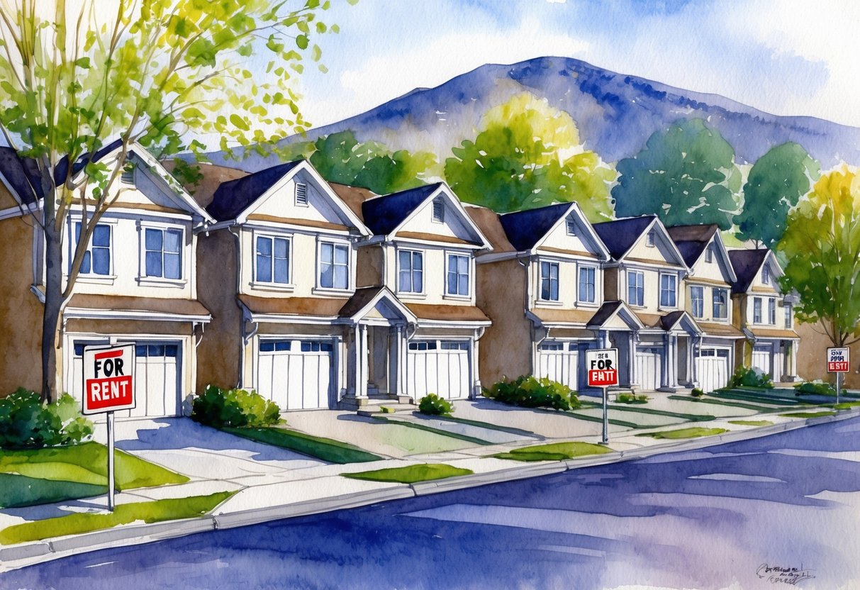 A row of residential houses with "For Rent" signs in front, nestled in a suburban neighborhood with tree-lined streets and a mountainous backdrop