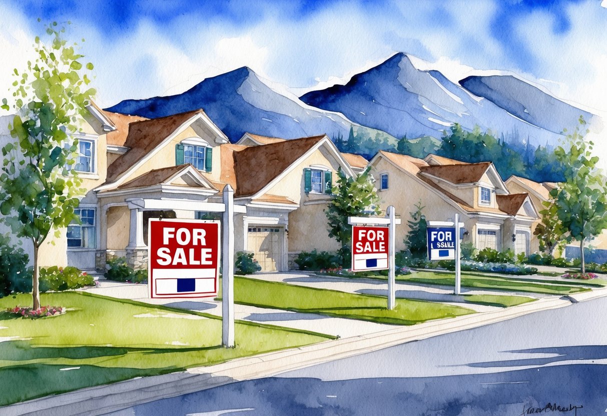 A suburban neighborhood with "For Sale" signs on manicured lawns, surrounded by mountains and blue skies