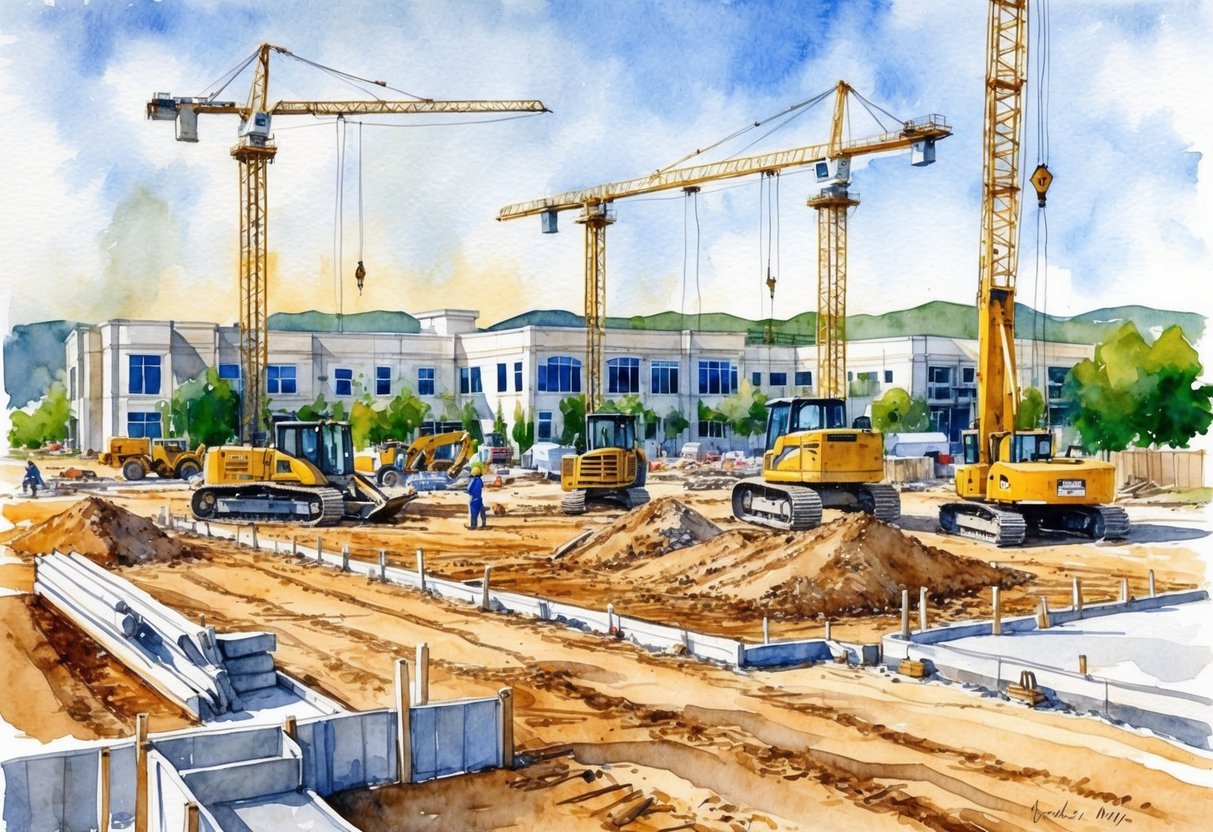A bustling construction site in Boise, Idaho, with cranes, bulldozers, and workers laying the groundwork for new real estate development