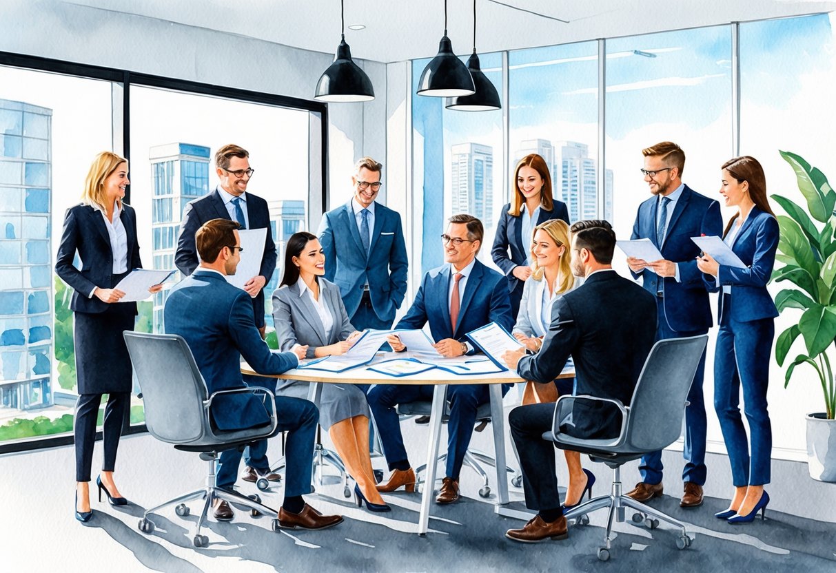 A group of investors and real estate agents gather around a table, discussing property listings and financial documents in a modern office in Meridian, ID