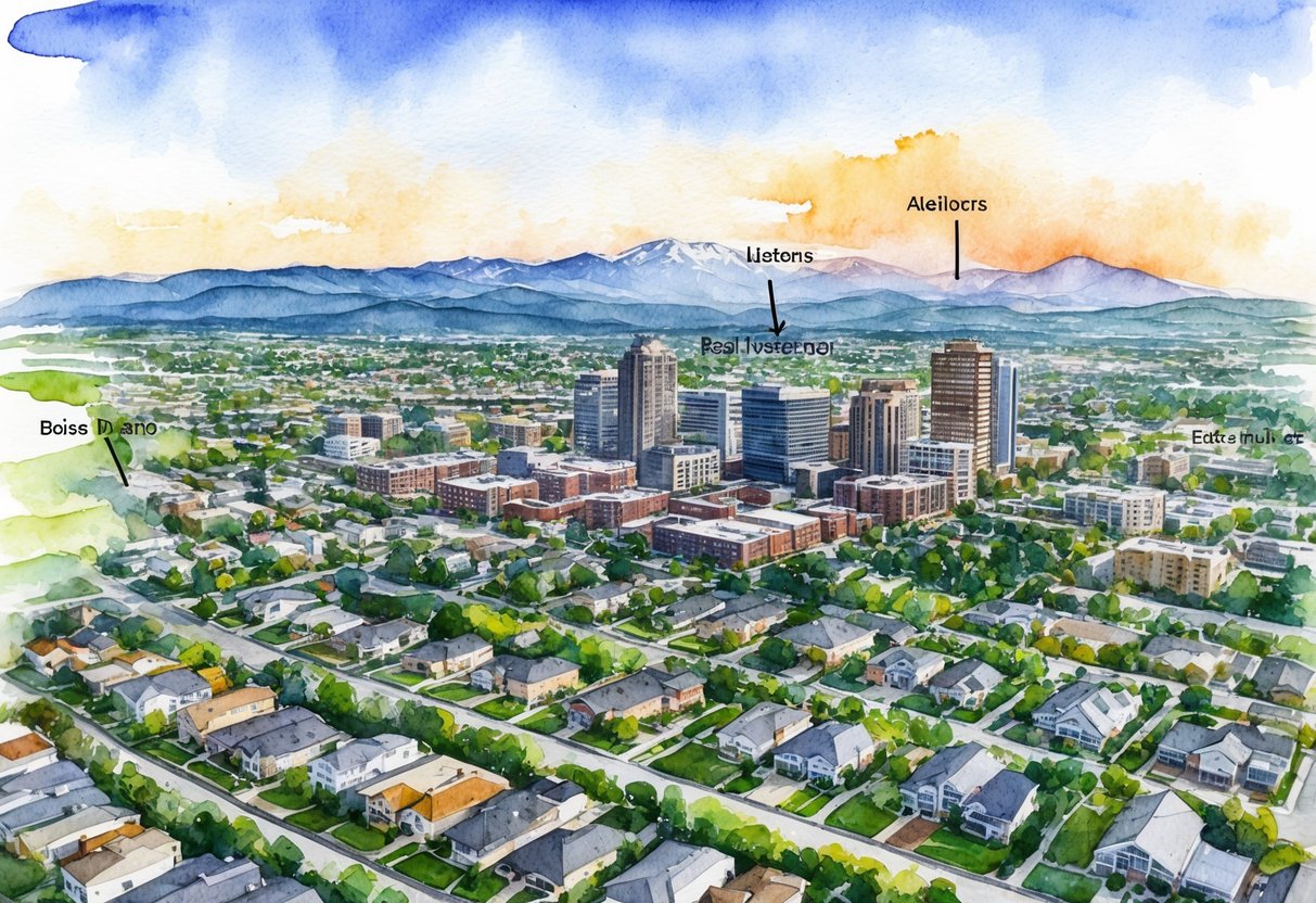 Aerial view of Boise, Idaho with various neighborhoods and locations highlighted for real estate investing assessment