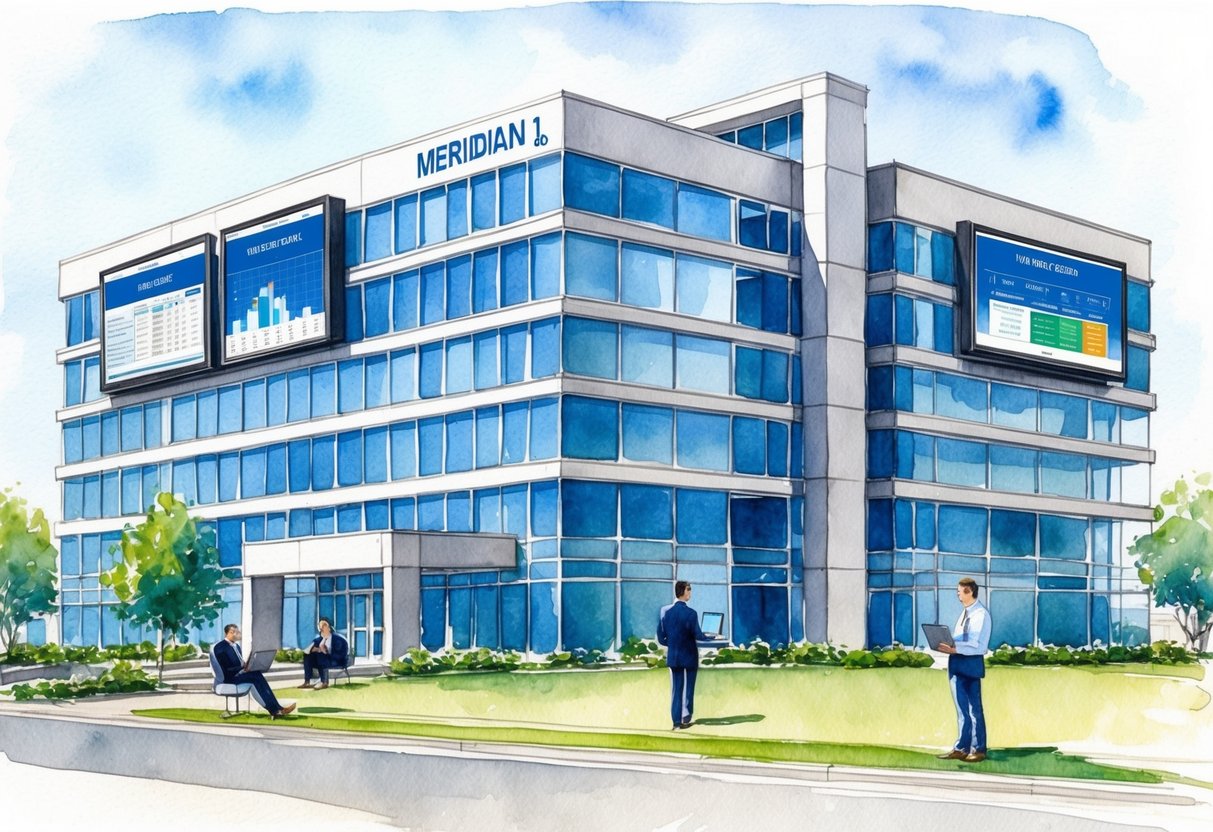 A modern office building in Meridian, ID with digital screens displaying real estate data and investors using tablets and laptops to analyze properties