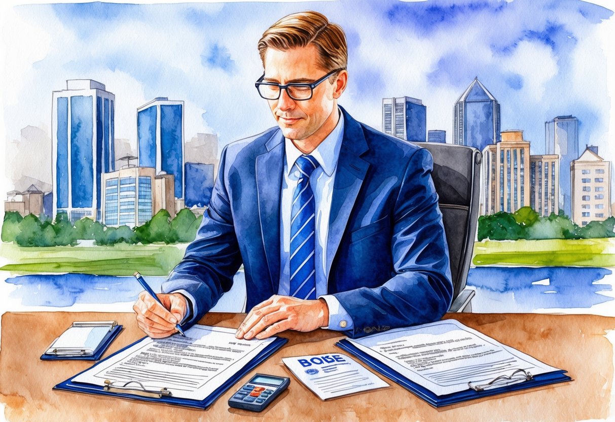 A real estate investor in Boise, Idaho reviews legal documents and compliance regulations at a desk with a city skyline in the background