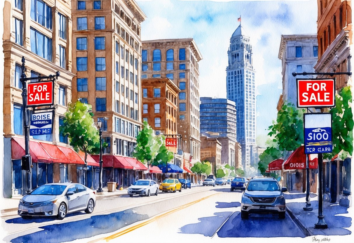 A bustling city street with tall buildings and "For Sale" signs, showcasing the vibrant real estate market in Boise, Idaho