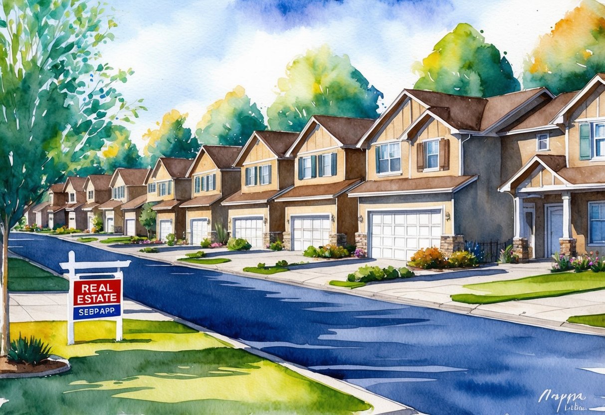 A suburban neighborhood in Nampa, Idaho with rows of investment properties and real estate signs