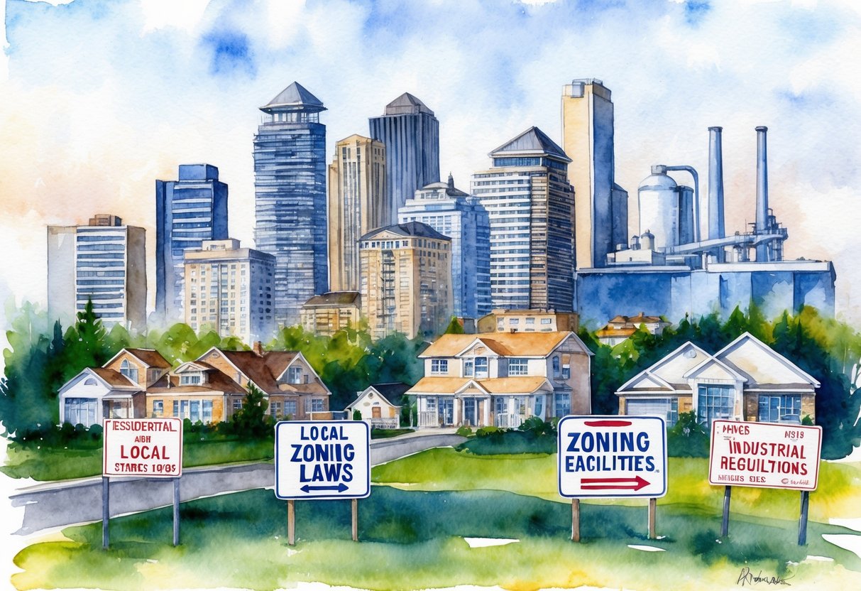 A city skyline with various types of real estate properties, including residential homes, commercial buildings, and industrial facilities, with signs indicating local zoning laws and regulations