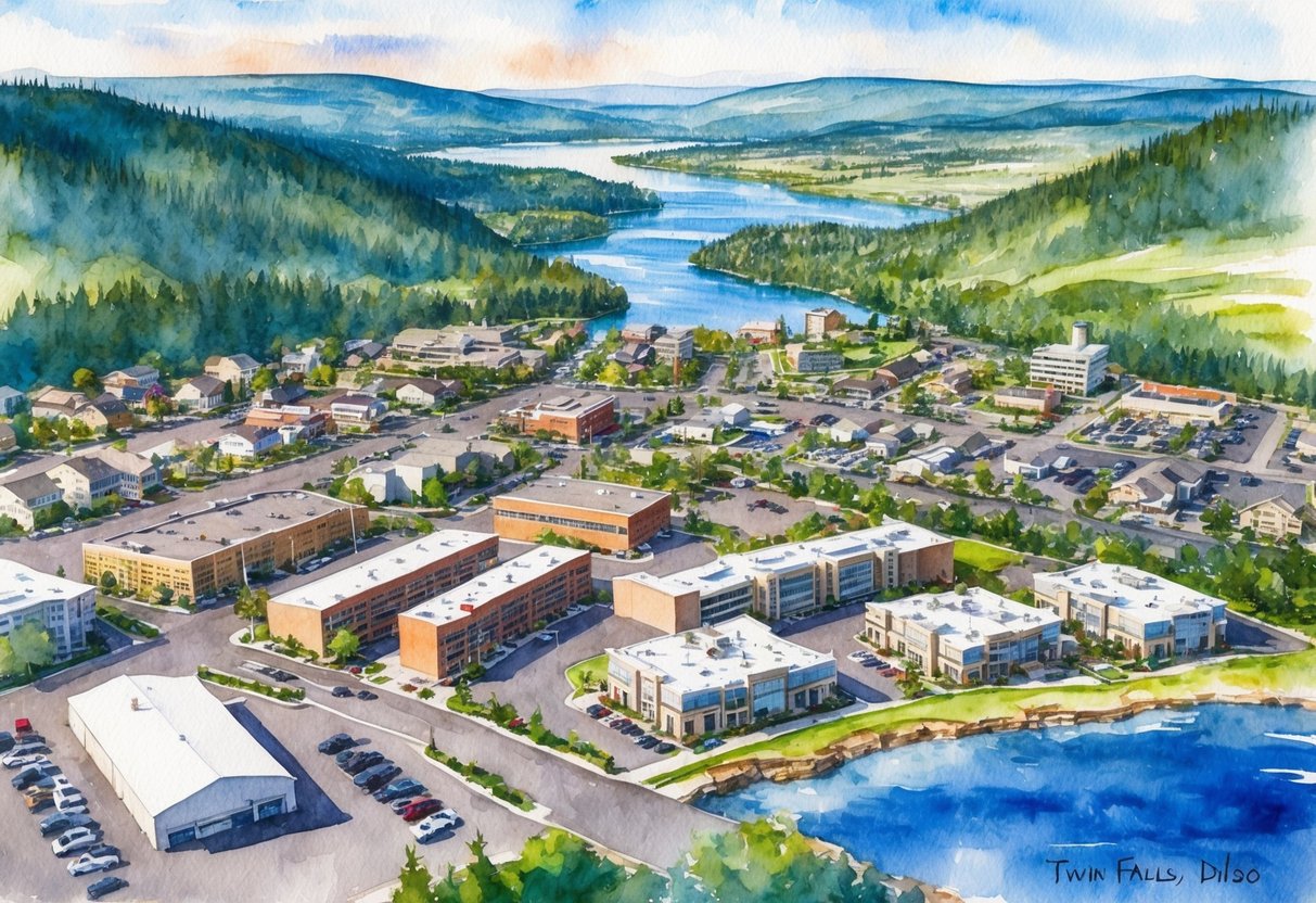 Aerial view of Twin Falls, Idaho with residential and commercial properties, surrounded by scenic landscape and natural attractions