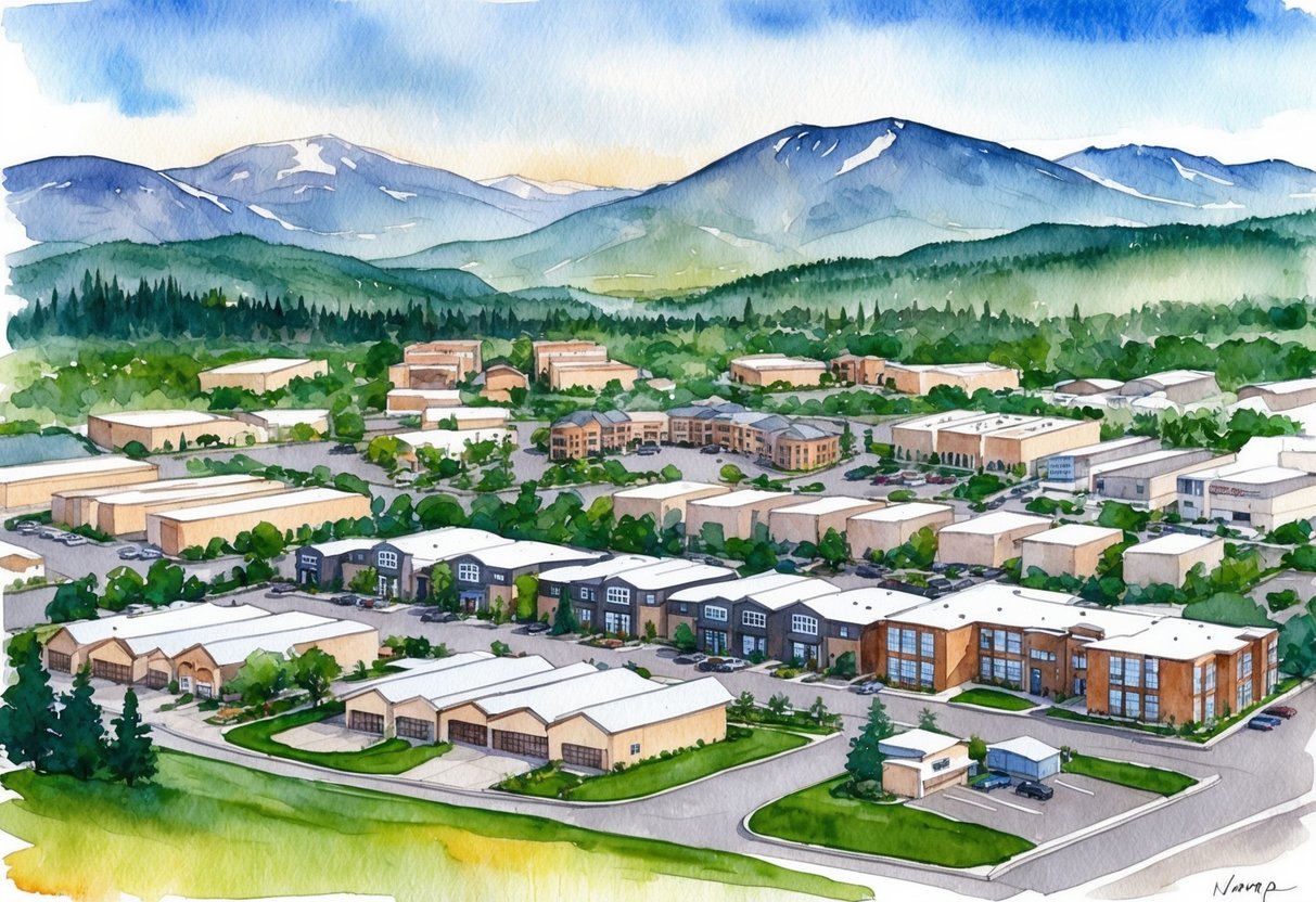 A landscape of Nampa, Idaho with multiple real estate properties, including houses, apartments, and commercial buildings, surrounded by mountains and greenery