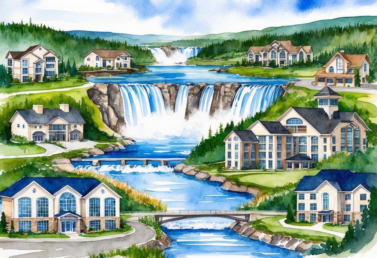 A picturesque landscape of Idaho Falls with various real estate properties, including residential and commercial buildings, surrounded by natural beauty