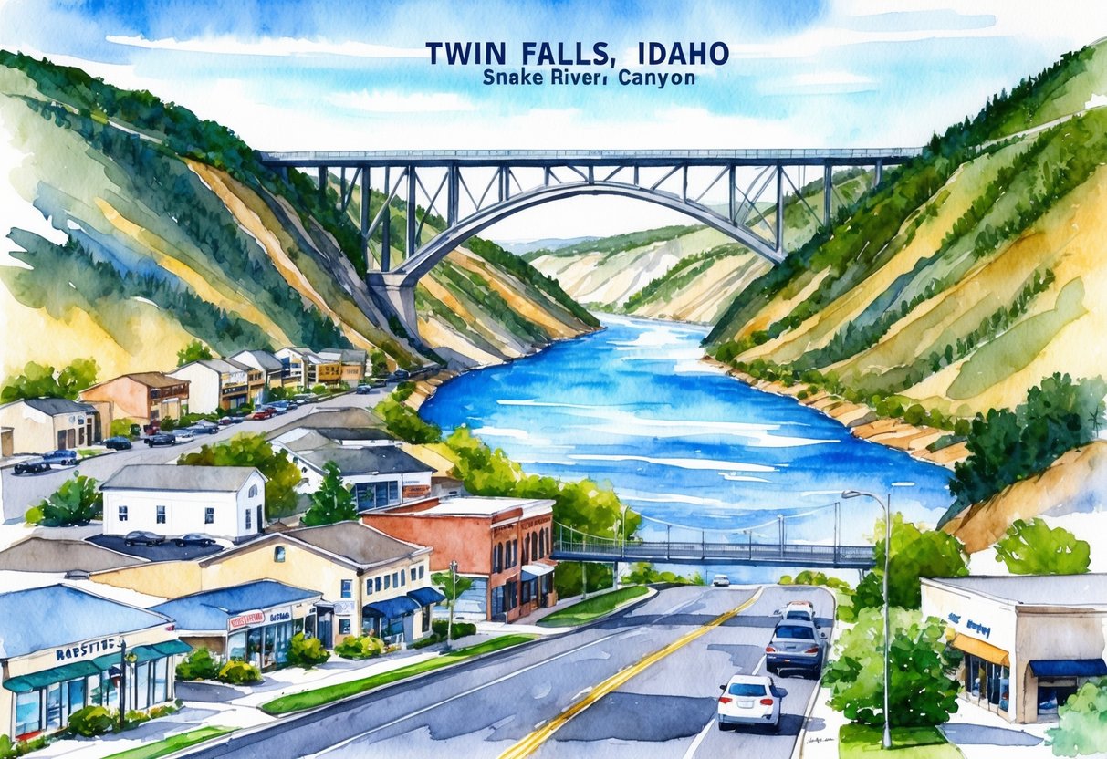 A sunny day in Twin Falls, Idaho, with a picturesque view of the Snake River Canyon and the Perrine Bridge. A mix of residential and commercial properties line the streets, showcasing the potential for real estate investing