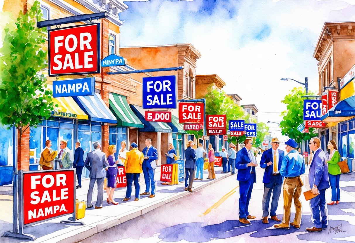 A bustling street in Nampa, ID filled with vibrant "For Sale" signs and eager real estate investors networking and discussing property opportunities
