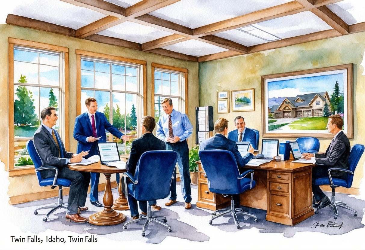 A bustling real estate office in Twin Falls, Idaho, with agents discussing investment procedures and reviewing property listings