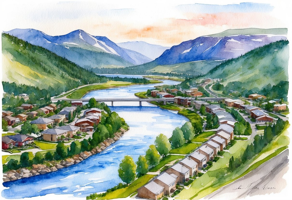 A picturesque Idaho Falls landscape with mountains, a river, and residential neighborhoods
