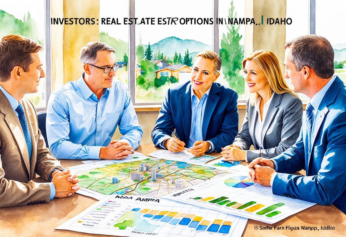A group of investors discussing real estate options in Nampa, Idaho. Maps and charts displayed on a conference table